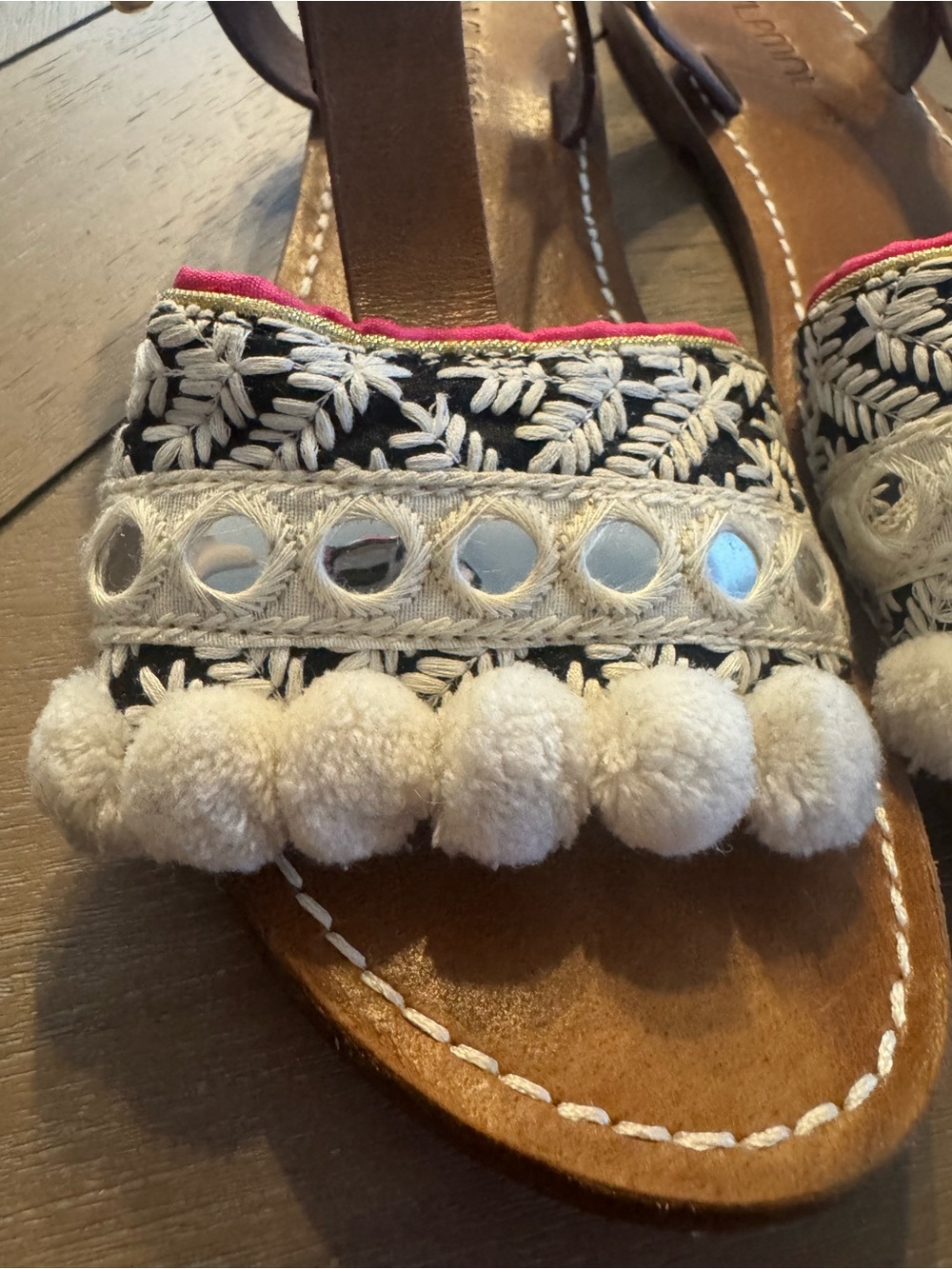 Anthropologie DVLPMNT Brown Genuine Leather Pom-Pom & Embroidered Sandals - Picture 3 of 14